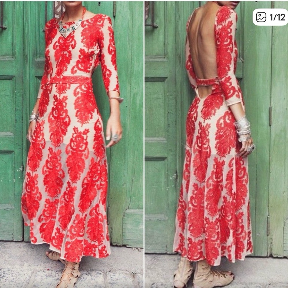 For Love & Lemons San Marcos EmbroideredRed Open Back Lace Maxi Dress  Sz Medium
